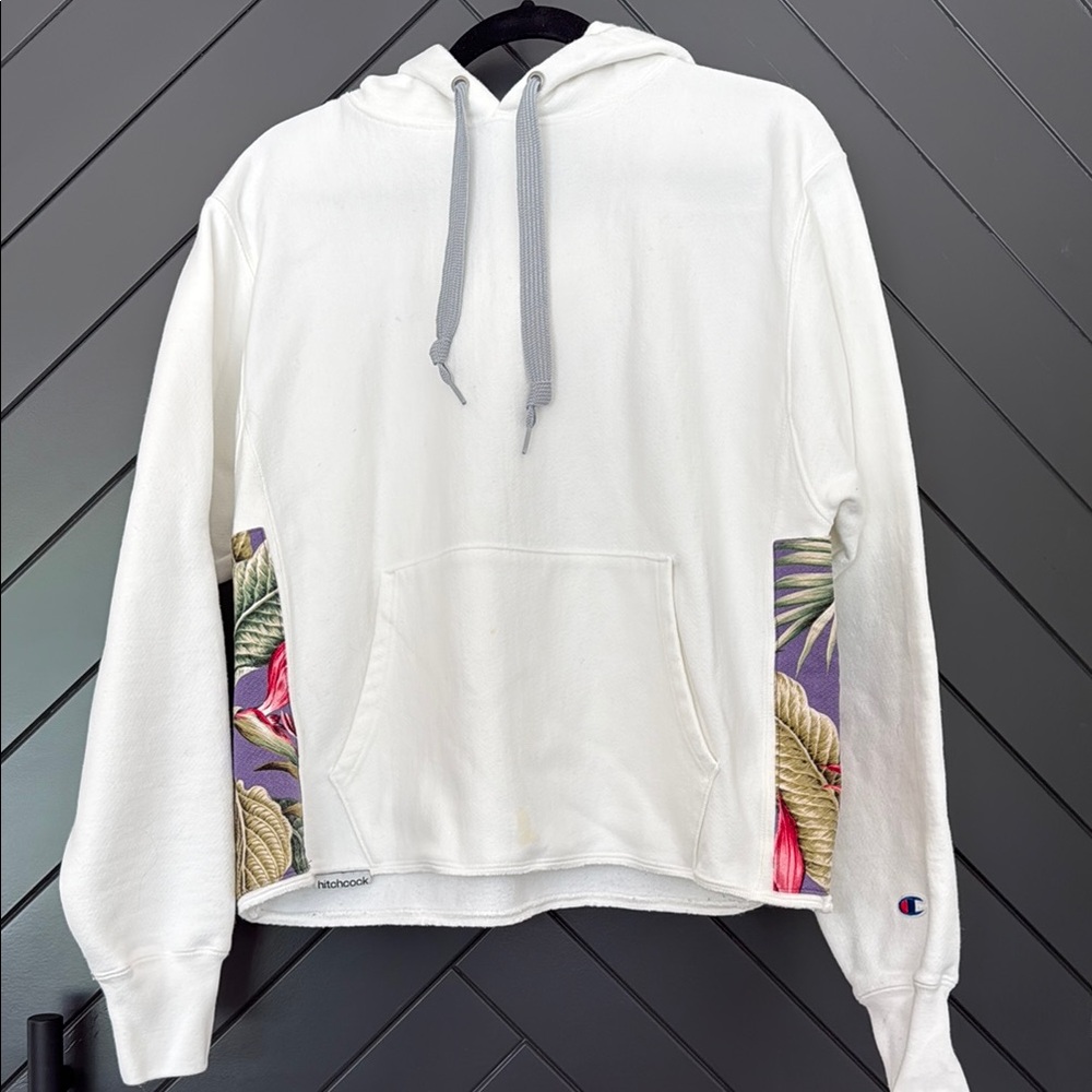 Hitchcock Madrona customized Champion White Hoodie with Floral Accents